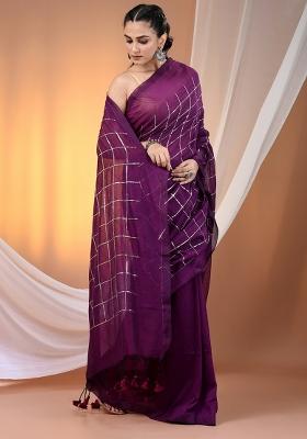 Purple Floral Embroidery Cotton Saree Set