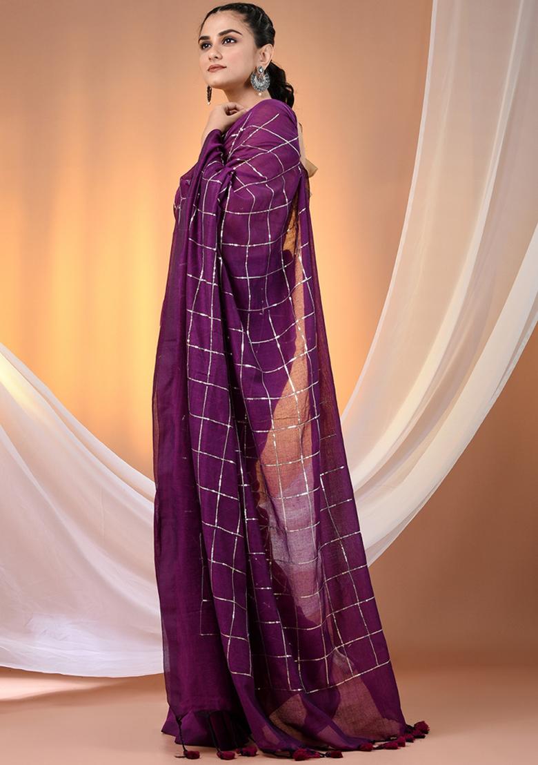 Purple Floral Embroidery Cotton Saree Set - Indya