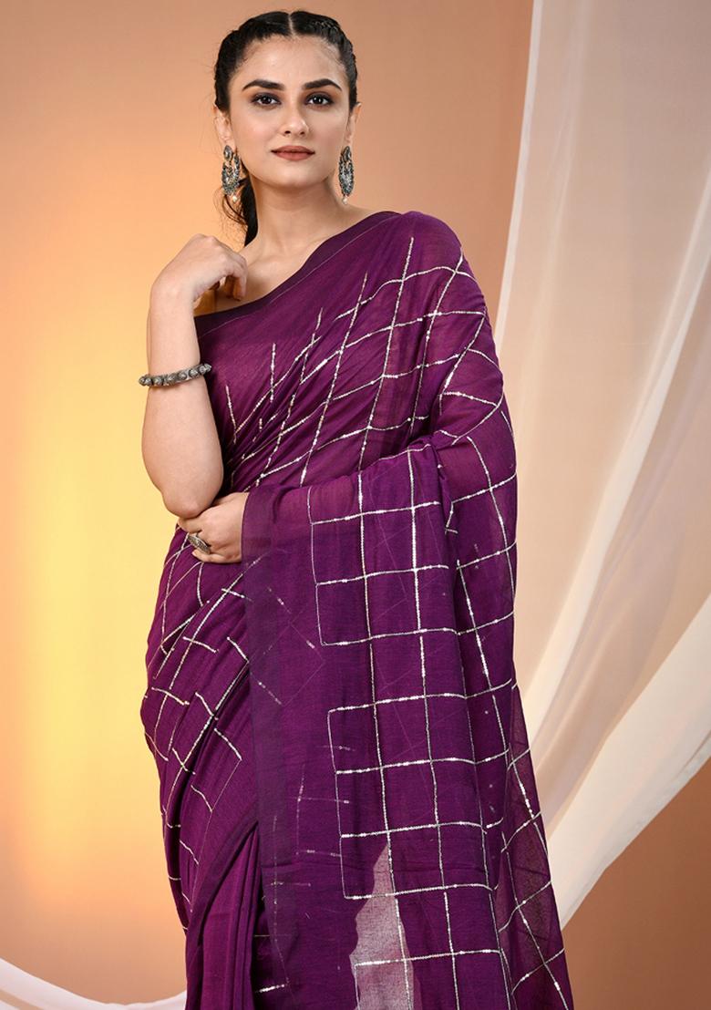 Purple Floral Embroidery Cotton Saree Set - Indya