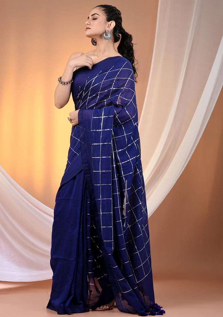 Blue Floral Embroidery Cotton Saree Set - Indya