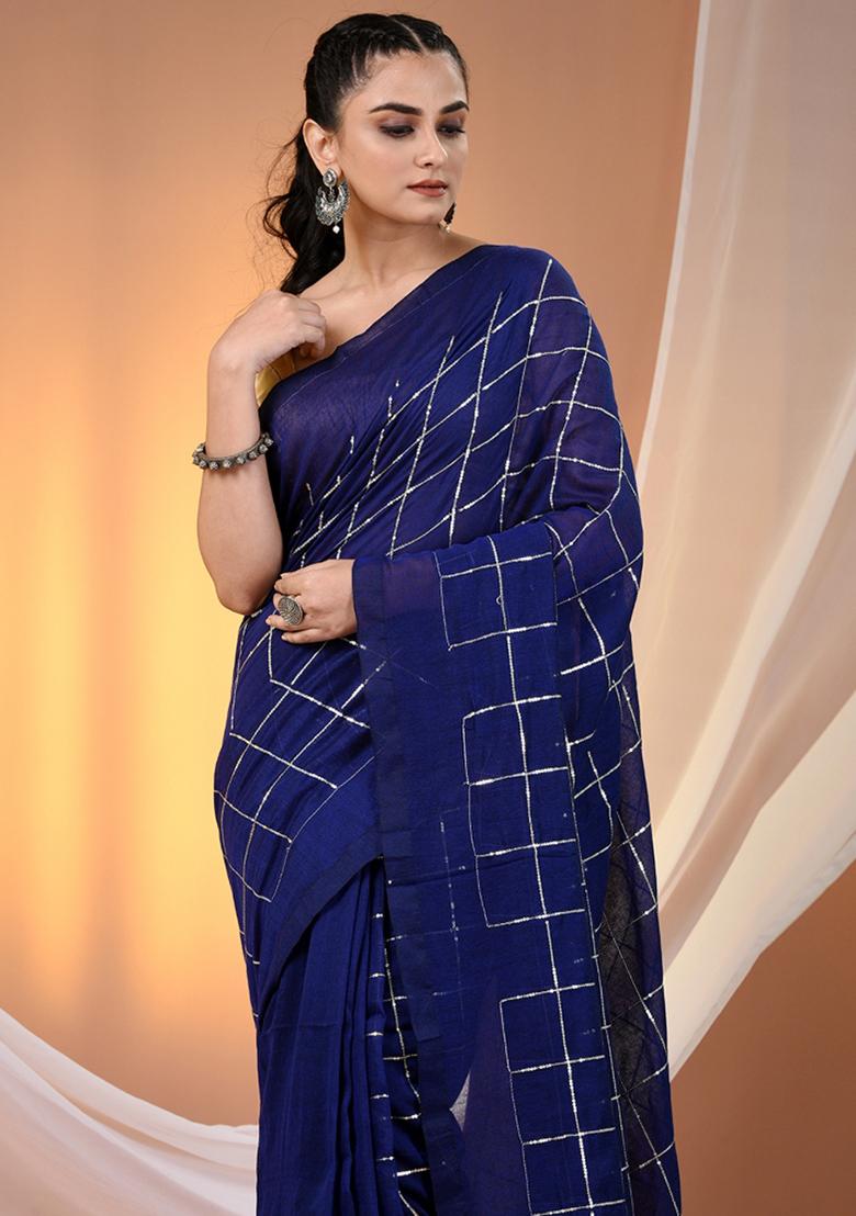 Blue Floral Embroidery Cotton Saree Set - Indya