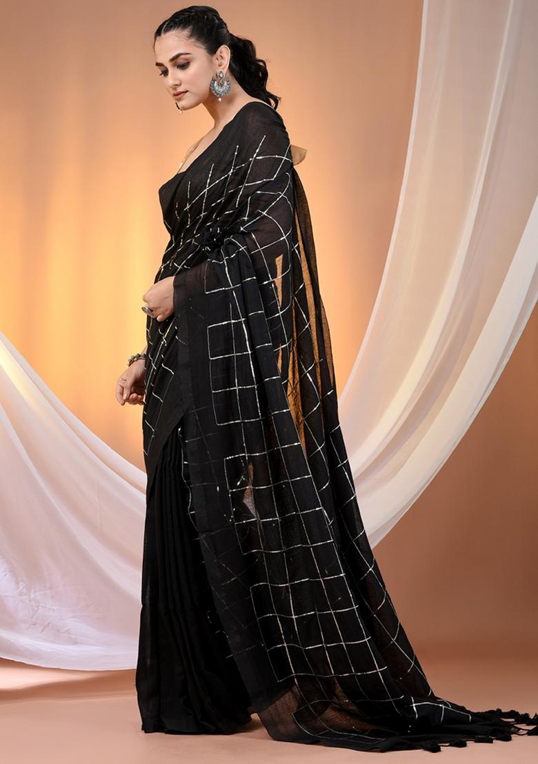 Black Floral Embroidery Cotton Saree Set - Indya