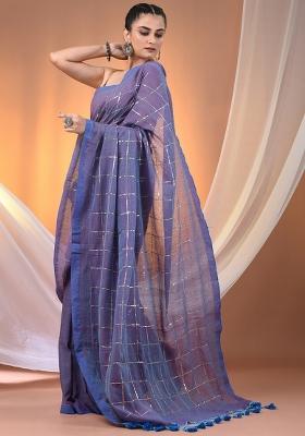 Blue Floral Embroidery Cotton Saree Set