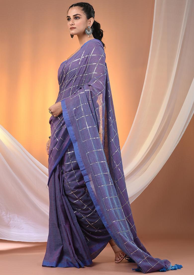 Blue Floral Embroidery Cotton Saree Set - Indya