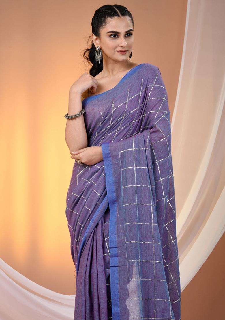 Blue Floral Embroidery Cotton Saree Set - Indya