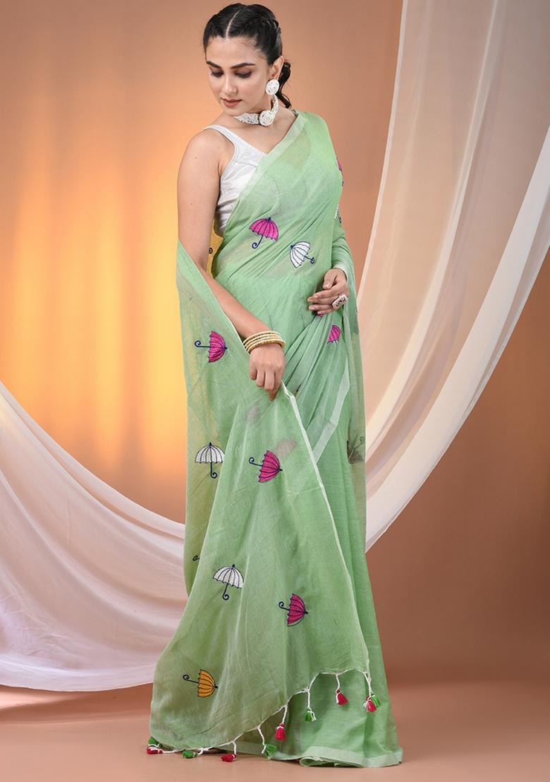 Light Green Floral Embroidery Cotton Saree
