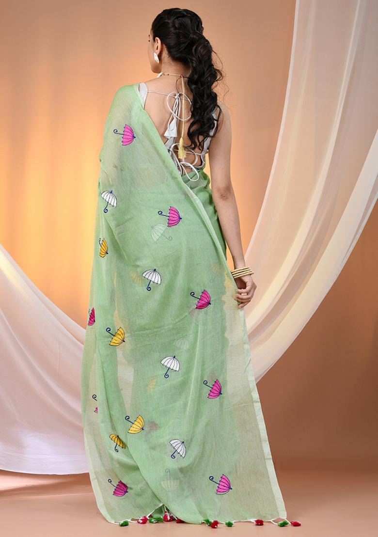 Light Green Floral Embroidery Cotton Saree