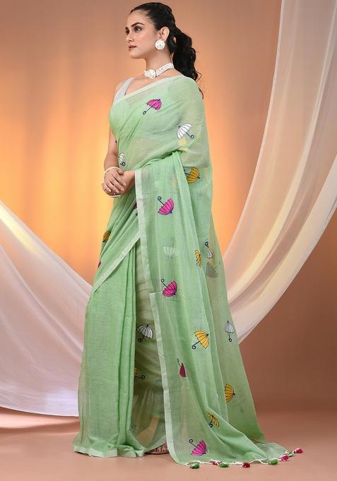Light Green Floral Embroidery Cotton Saree