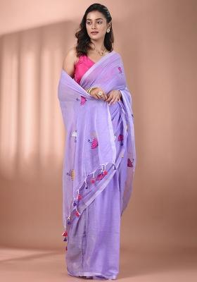 Violet Floral Embroidery Cotton Saree