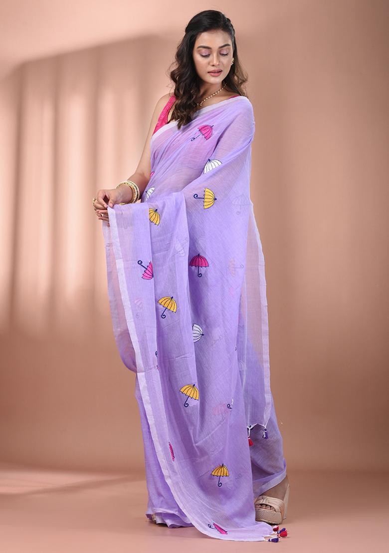 Violet Floral Embroidery Cotton Saree - Indya