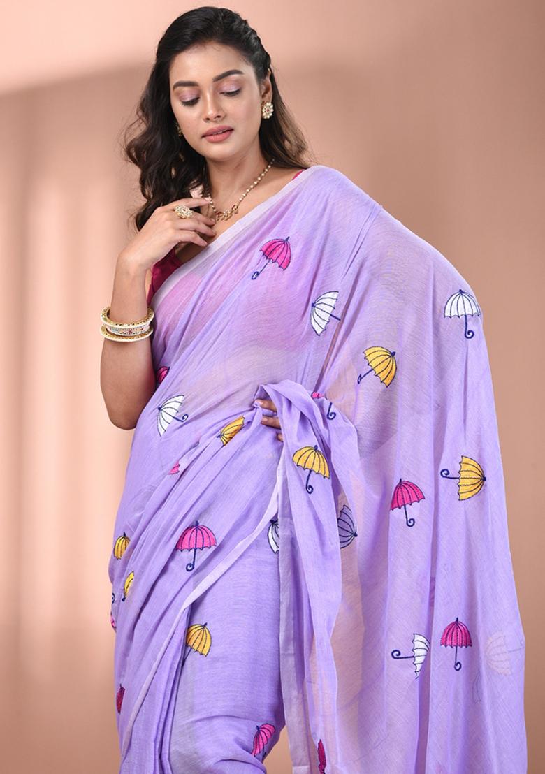 Violet Floral Embroidery Cotton Saree - Indya