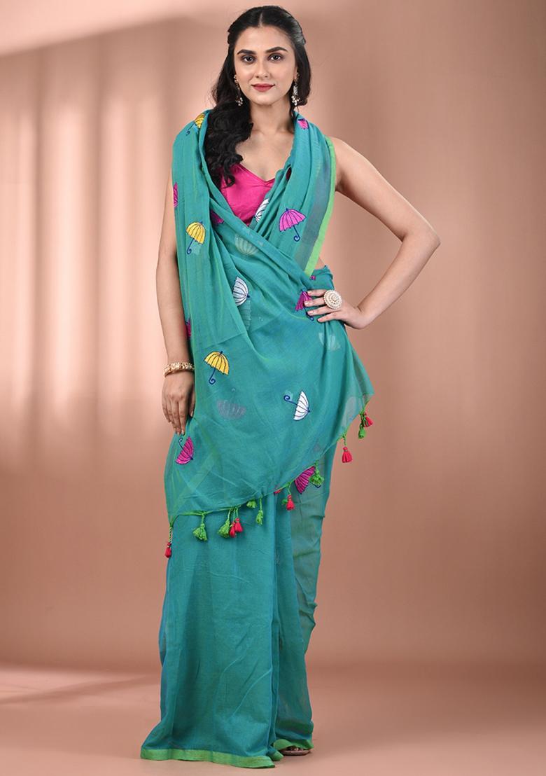 Sea Green Floral Embroidery Cotton Saree
