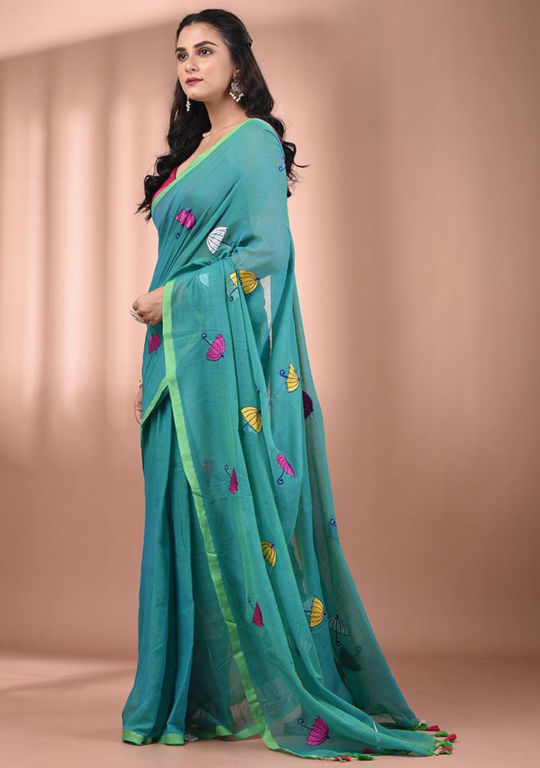 Sea Green Floral Embroidery Cotton Saree - Indya
