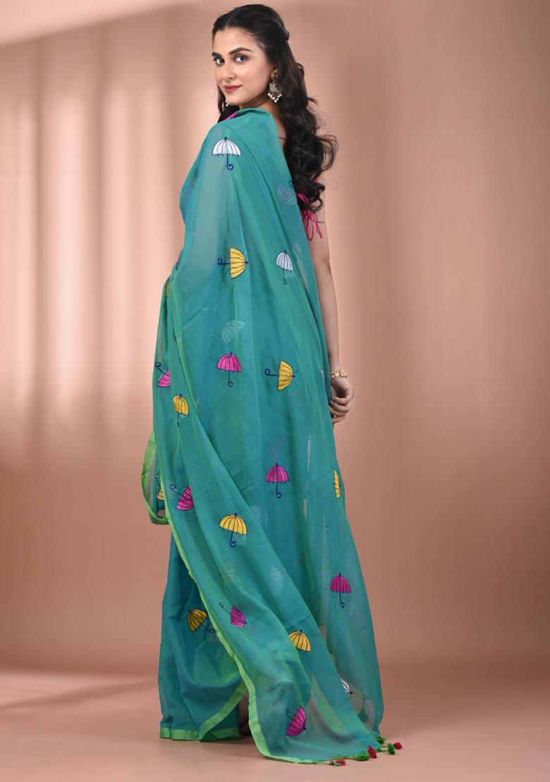 Sea Green Floral Embroidery Cotton Saree