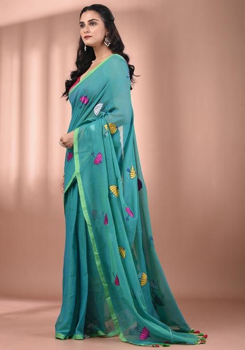 Sea Green Floral Embroidery Cotton Saree