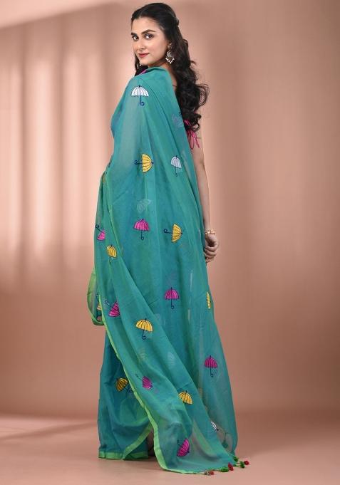 Sea Green Floral Embroidery Cotton Saree