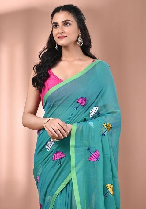 Sea Green Floral Embroidery Cotton Saree