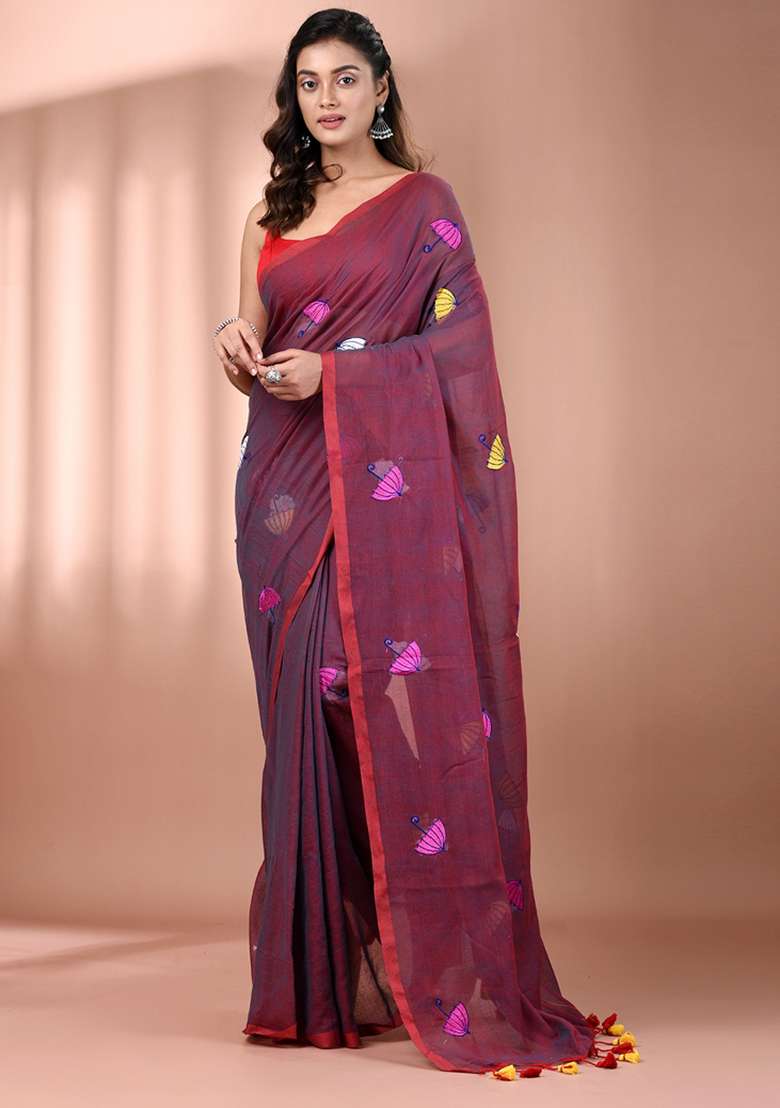 Purple Floral Embroidery Cotton Saree - Indya