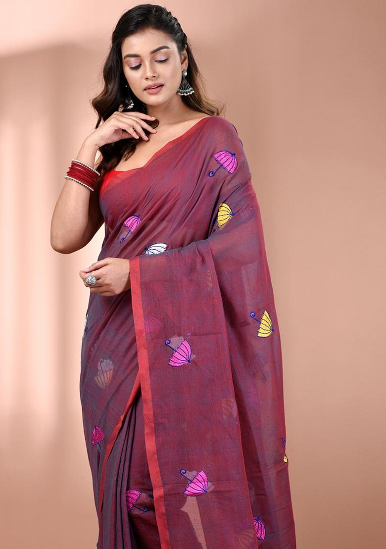 Purple Floral Embroidery Cotton Saree - Indya