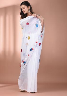 White Floral Embroidery Cotton Saree