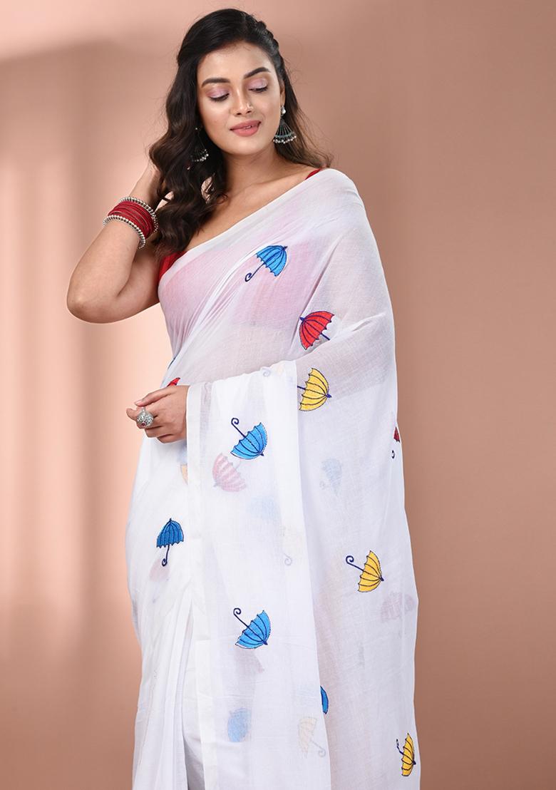 White Floral Embroidery Cotton Saree - Indya