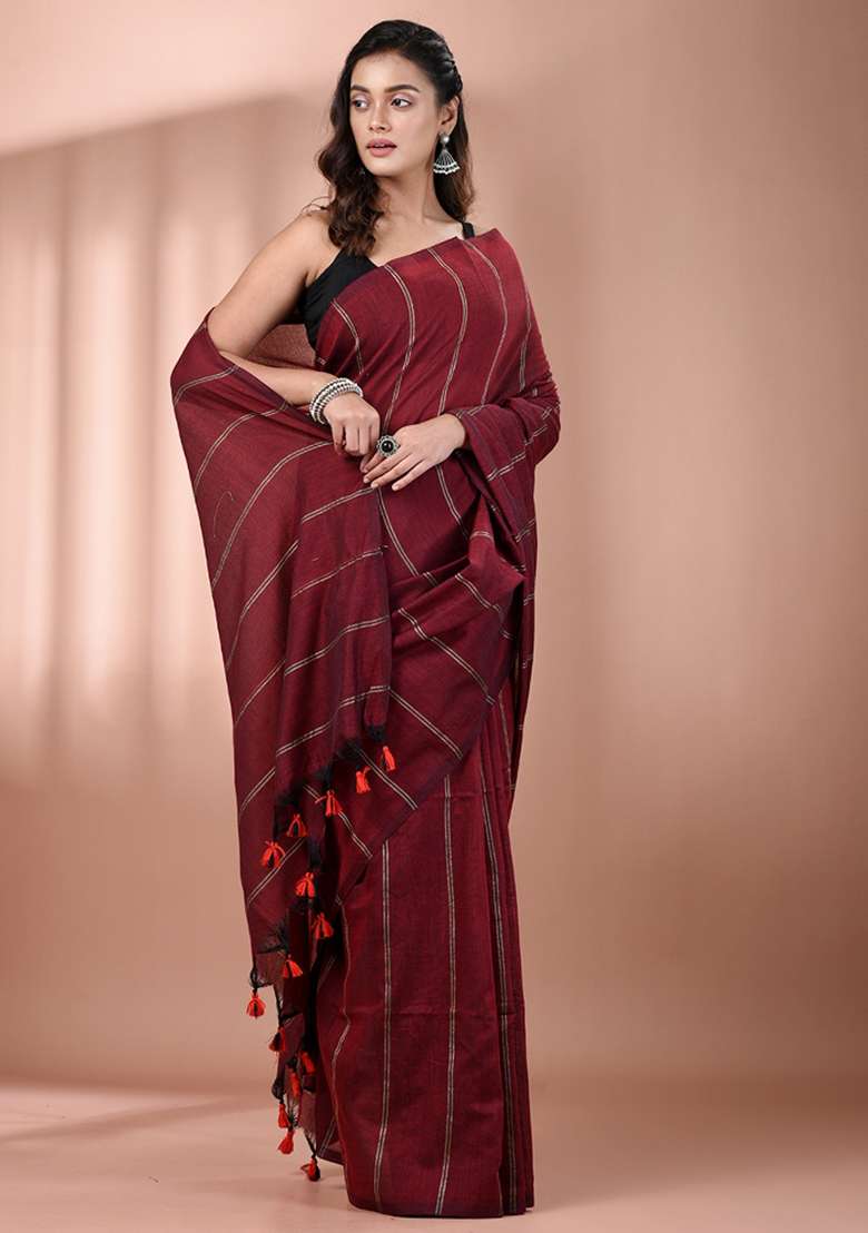Dark Red Floral Embroidery Cotton Saree Set for Diwali and Festive Wear - Indya