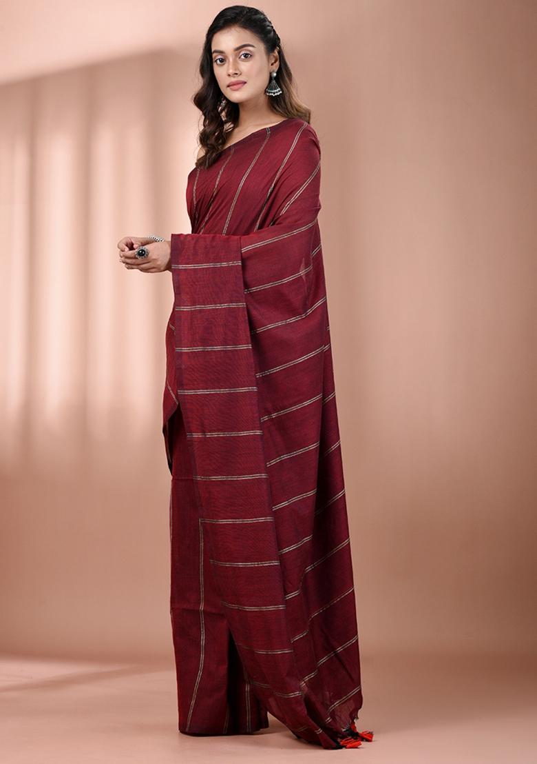 Dark Red Floral Embroidery Cotton Saree Set - Indya