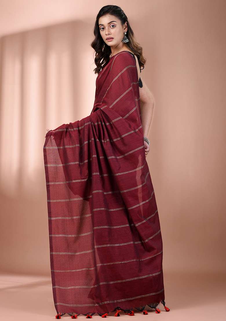 Dark Red Floral Embroidery Cotton Saree Set for Diwali and Festive Wear - Indya