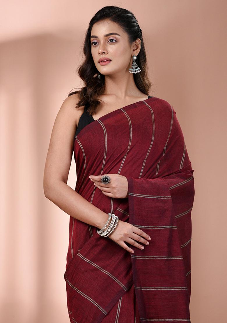 Dark Red Floral Embroidery Cotton Saree Set - Indya
