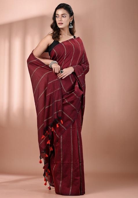 Dark Red Floral Embroidery Cotton Saree Set