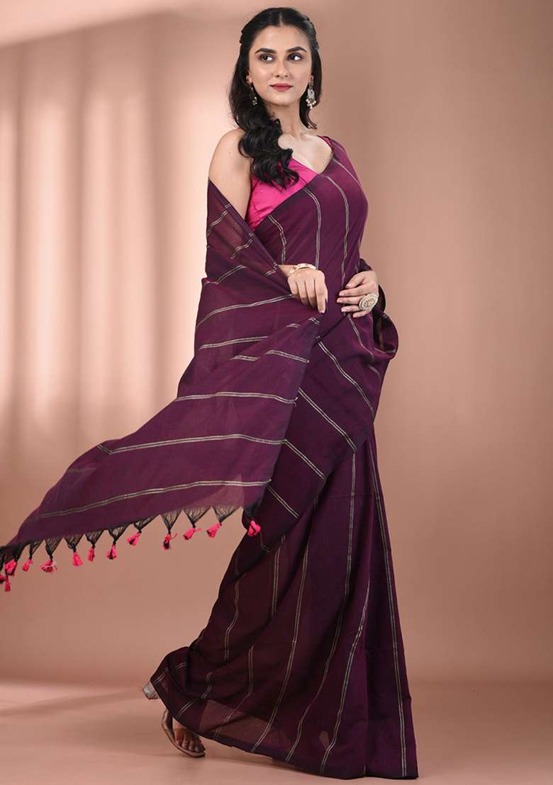 Burgundy Floral Cotton Saree Set with Embroidery for Diwali | Wedding & Festive Wear - Indya