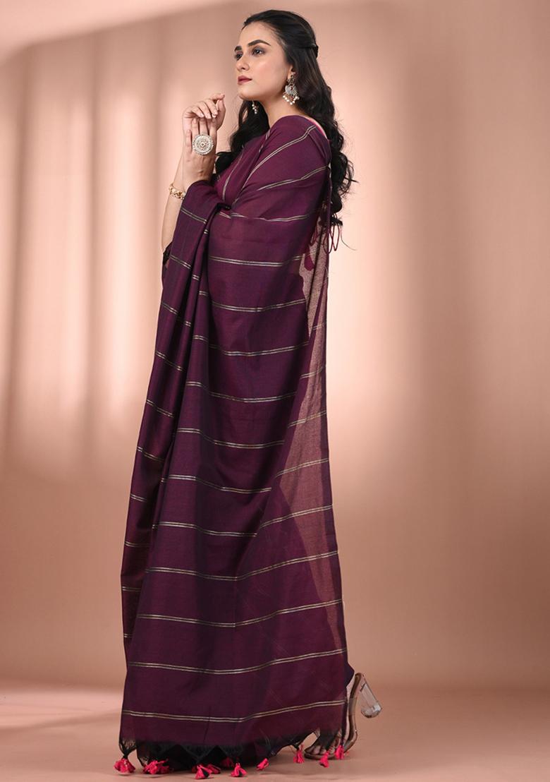 Burgundy Floral Embroidery Cotton Saree Set - Indya