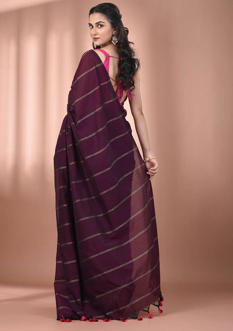 Burgundy Floral Cotton Saree Set with Embroidery for Diwali | Wedding & Festive Wear - Indya