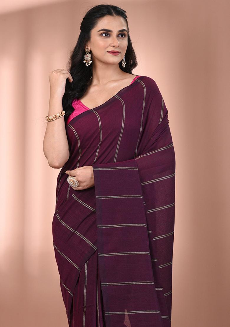 Burgundy Floral Embroidery Cotton Saree Set - Indya