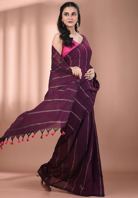 Burgundy Floral Embroidery Cotton Saree Set