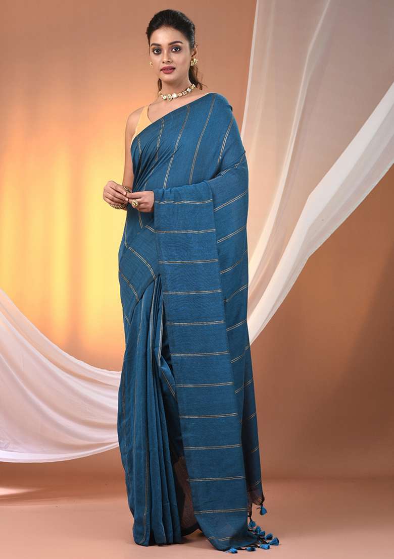 Sapphire Blue Floral Cotton Saree Set with Embroidery for Diwali | Wedding & Festive Wear - Indya