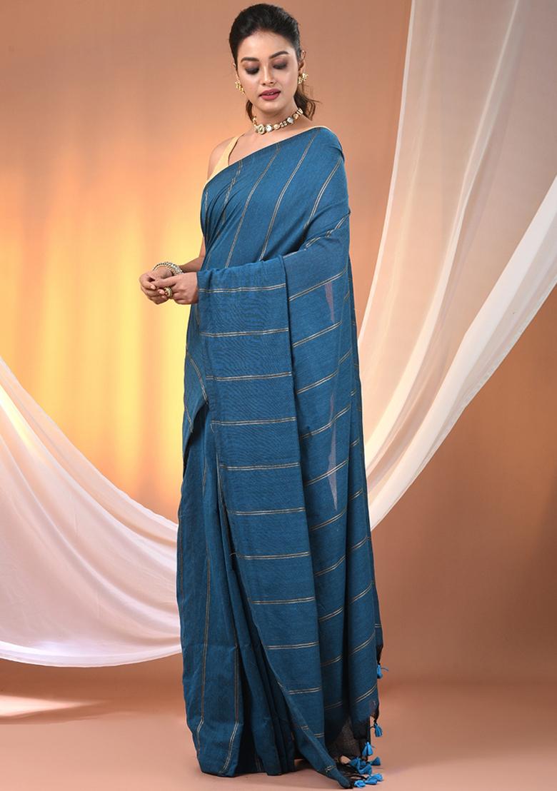 Sapphire Blue Floral Embroidery Cotton Saree Set - Indya