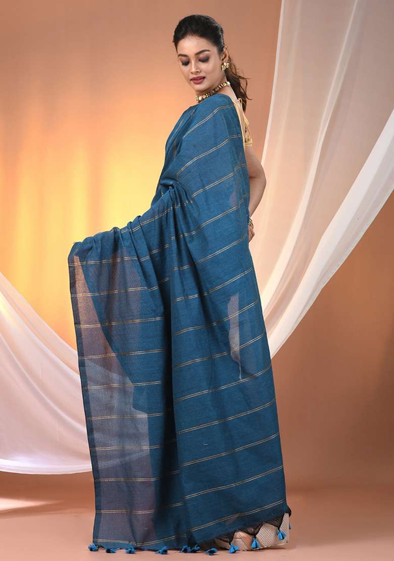 Sapphire Blue Floral Cotton Saree Set with Embroidery for Diwali | Wedding & Festive Wear - Indya