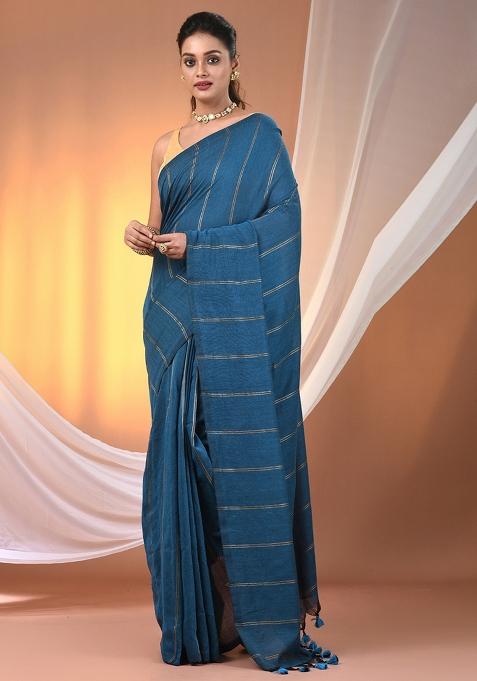 Sapphire Blue Floral Embroidery Cotton Saree Set