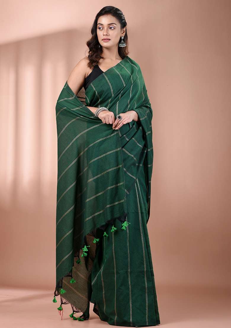 Green Floral Embroidery Cotton Saree Set for Diwali and Festive Wear - Indya