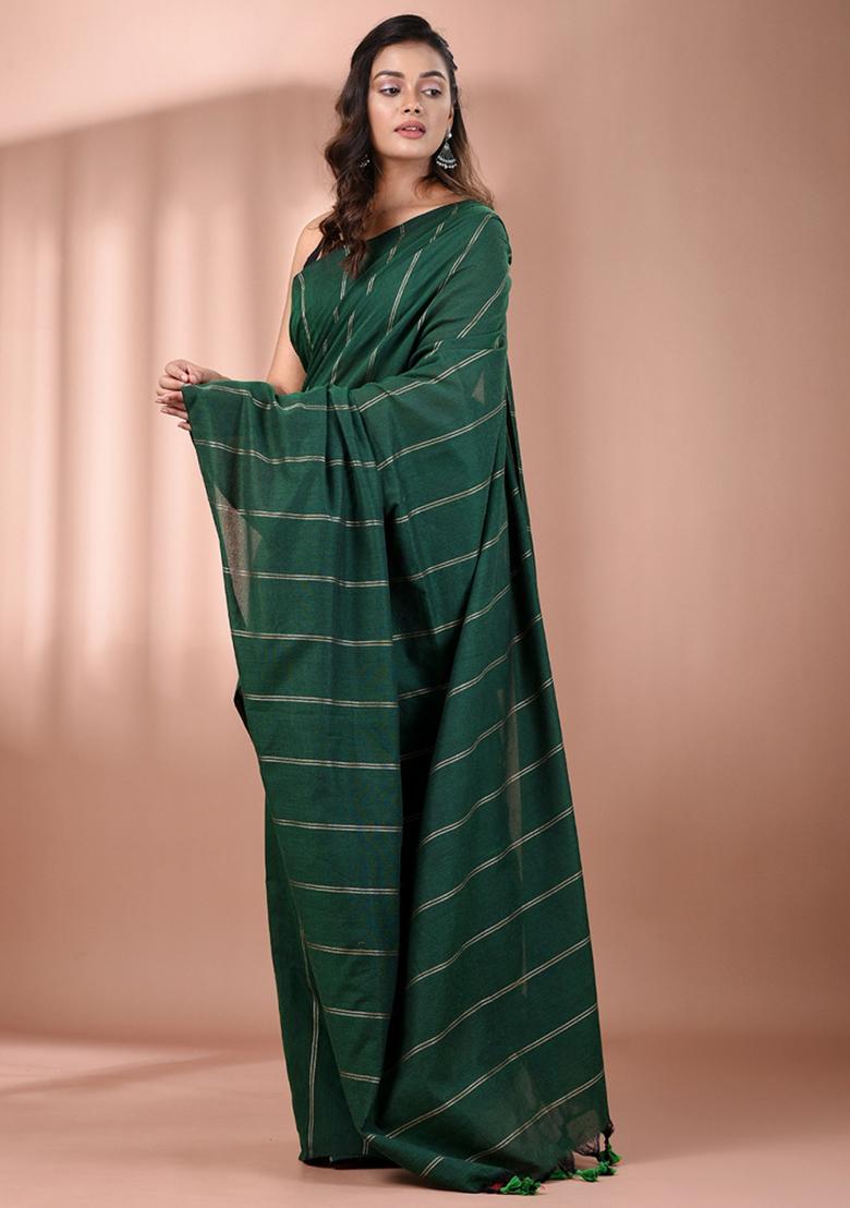 Green Floral Embroidery Cotton Saree Set - Indya