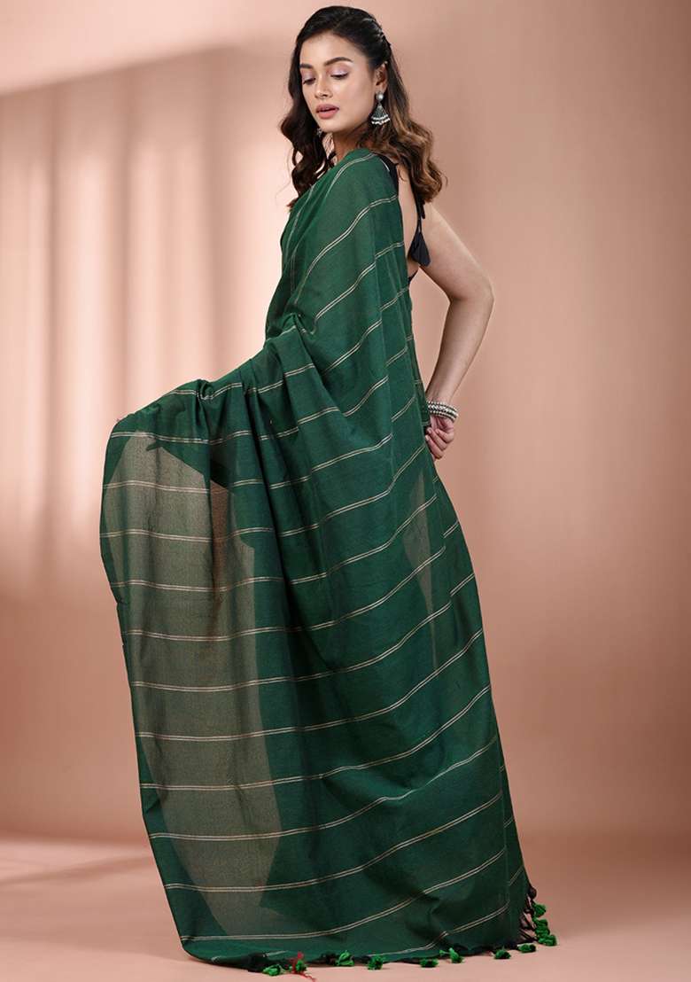 Green Floral Embroidery Cotton Saree Set for Diwali and Festive Wear - Indya