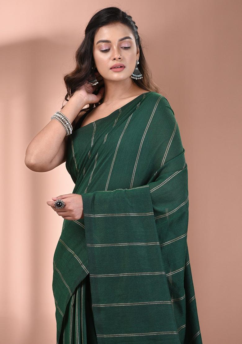 Green Floral Embroidery Cotton Saree Set - Indya