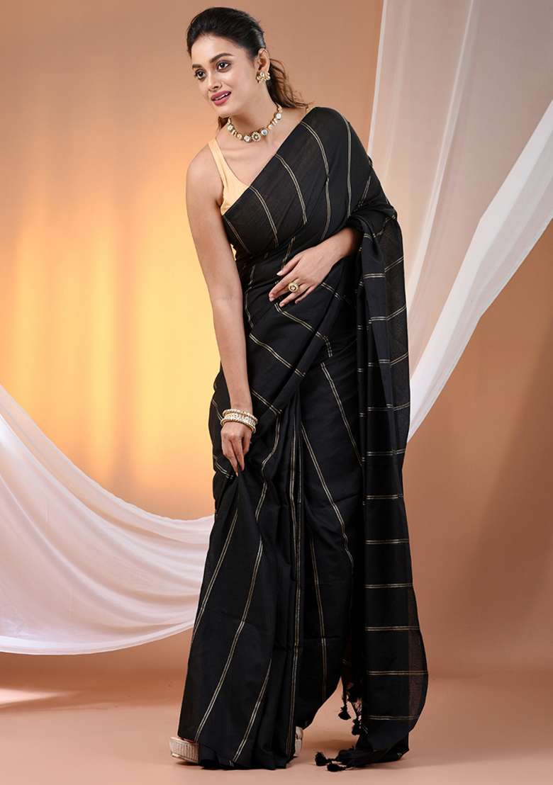 Black Floral Cotton Saree Set with Embroidery for Diwali | Wedding & Festive Wear - Indya