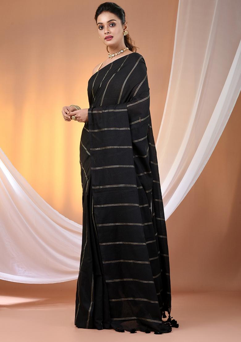 Black Floral Embroidery Cotton Saree Set - Indya