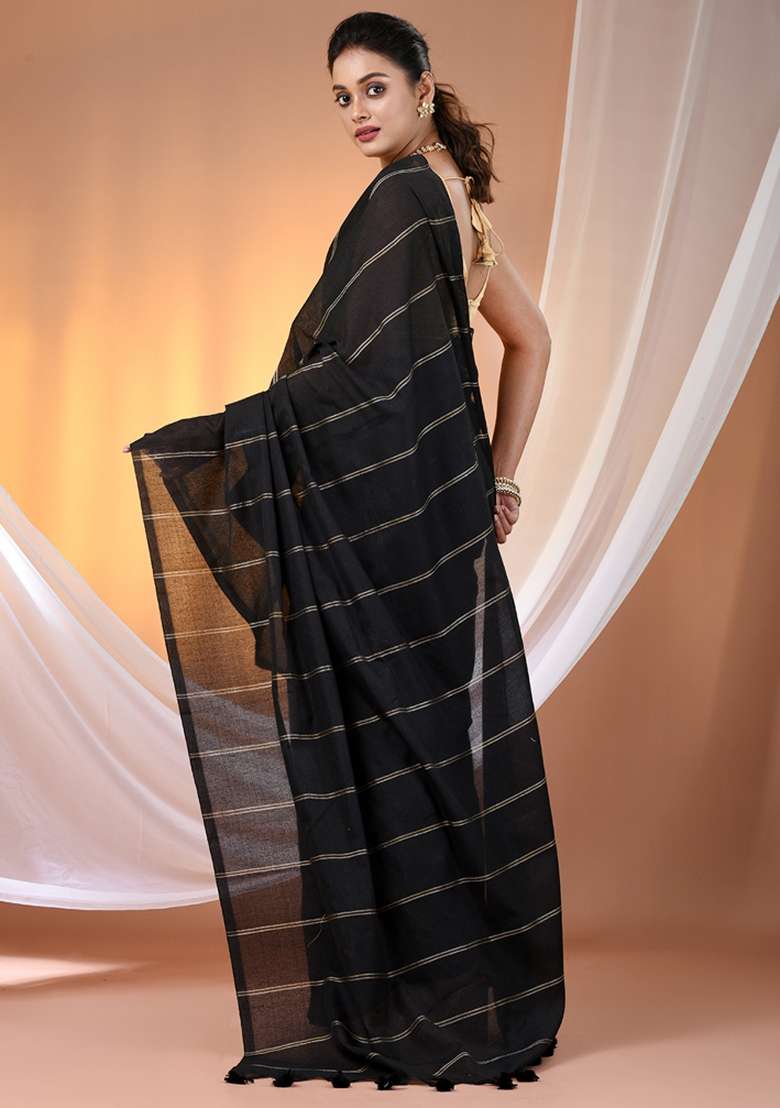 Black Floral Cotton Saree Set with Embroidery for Diwali | Wedding & Festive Wear - Indya