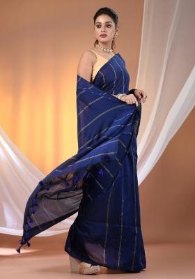 Blue Floral Embroidery Cotton Saree Set