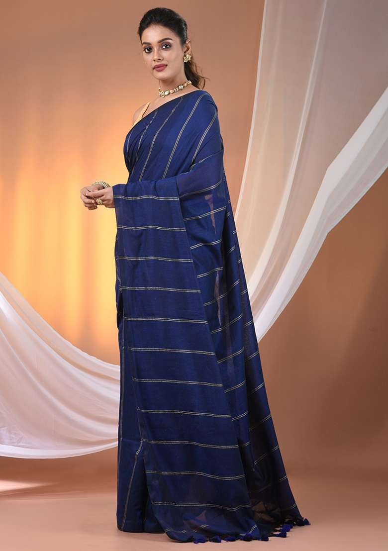 Blue Floral Embroidery Cotton Saree Set for Diwali and Festive Wear - Indya