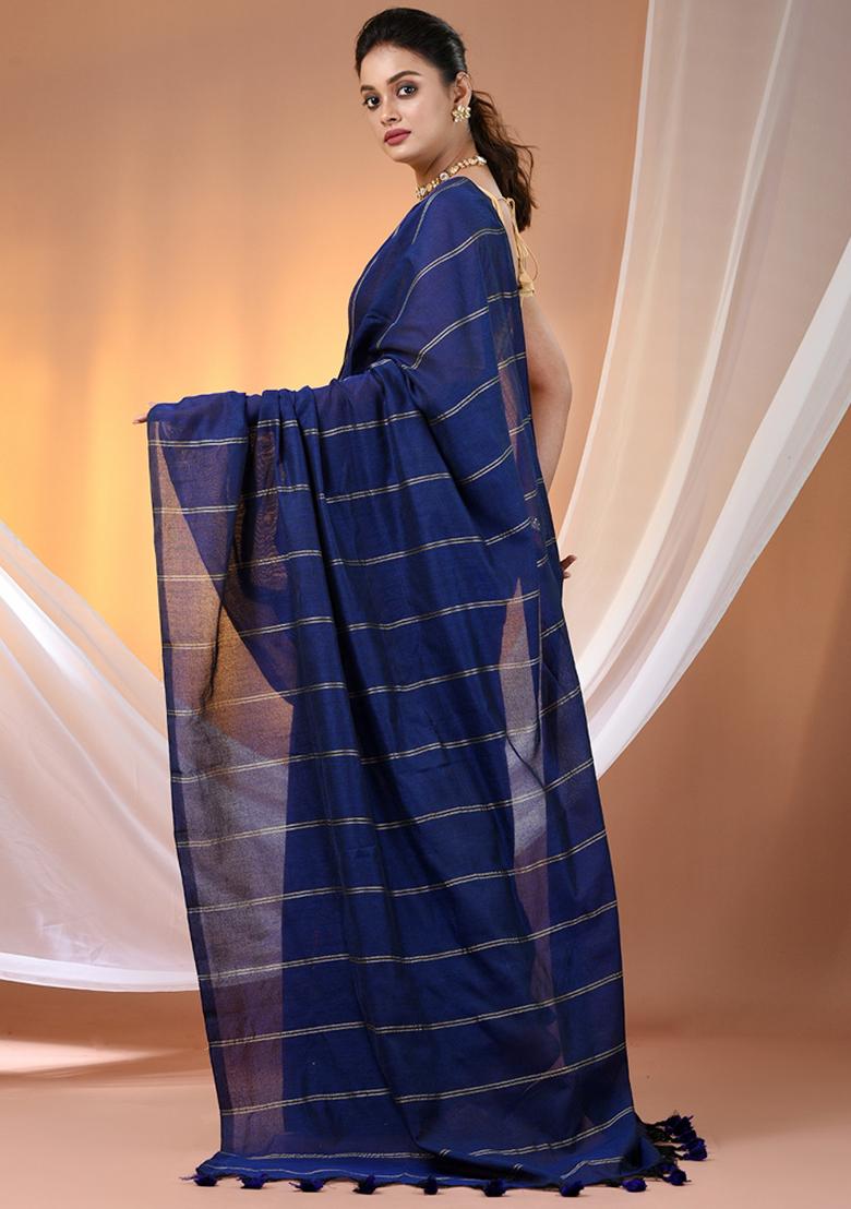 Blue Floral Embroidery Cotton Saree Set - Indya