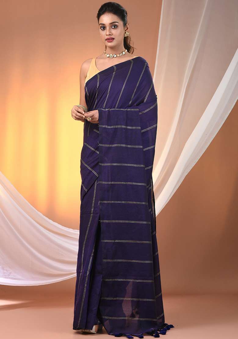 Purple Floral Embroidery Cotton Saree Set for Diwali and Festive Wear - Indya